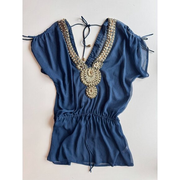 YEMANJA IBIZA Navy Beaded Beaded Embellished Sheer Crepon Cover-Up, One Size - Picture 5 of 12